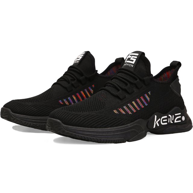 tenis hombre, zapatos hombre deportivos, zapatos de malla transpirable para hombre, zapatillas de deporte casuales de moda para entrenamiento caminar correr gimnasio — tenis negros Shendy Vendy en vista 3/4 frontal; malla tejida transpirable con aberturas laterales multicromas, cordones y lengüeta con logo, suela negra de tracción antideslizante y perfil ligero, apropiados para caminar, correr y gimnasio; también suelen usarse para viajes cortos.