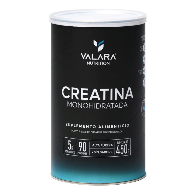 creatina monohidratada valara 450 g lata frontal, cilindro azul degradado a negro con tapa blanca; etiqueta VALARA y texto CREATINA MONOHIDRATADA, indica 5 g por porción, 90 porciones y 450 g netos; suplemento sin sabor y fácil de mezclar, a menudo usado para complementar entrenamientos y como pre entrenamiento.