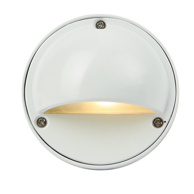 luz de cortesía led para exterior luz suave cálida, sobreponer redonda, vista frontal; luminaria de aluminio blanco con abertura inferior que proyecta luz suave cálida 3000 K, 2 W (35 lm), base G4, IP44, 70° de apertura; requiere driver 12 V; ideal para iluminar pasillos o escalones exteriores.