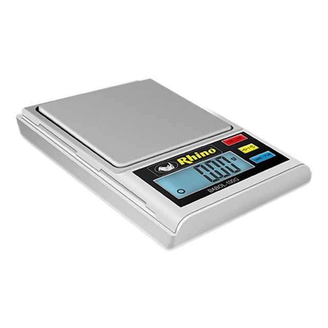 bascula joyera para gramos libra y onzas 100 g /0.01 g rhino rhino babol-100g escala de bolsillo amarilla, vista 3/4 frontal con plataforma de acero inoxidable, pantalla LCD azul que marca 0.000, botones táctiles y logo Rhino en el panel. Diseñada para pesar joyas y monedas con precisión; también suele usarse para medir porciones pequeñas en viaje.