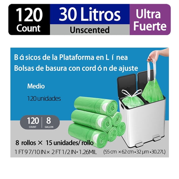 Bolsas de basura con cordón, 8 galones, sin aroma, ultra fuerte, 120 unidades