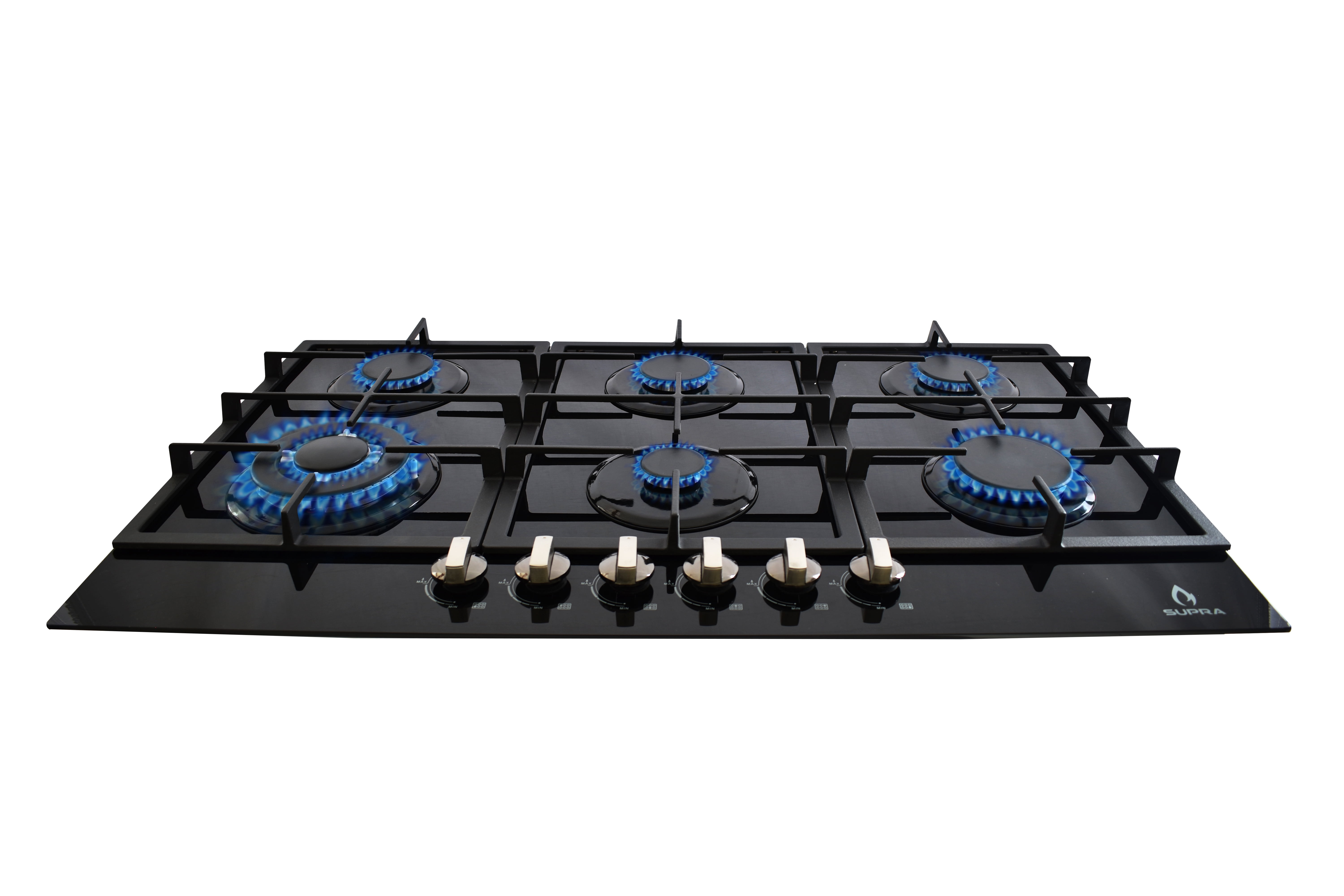 Parrilla de gas SUPRA Diamond Glass 6 quemadores 1 quemador DOBLE FLAMA cristal templado negro