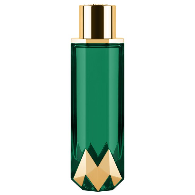 jade de royalty by maluma - perfume para mujer - aroma dulce, afrutado y floral botella verde esmeralda alta, vista frontal; vidrio liso con base facetada en forma de M dorada y tapa dorada brillante; fragancia chipre floral que se abre con bergamota y grosella negra, corazón de jazmín y nardo, y base cálida de cacao y pachulí.