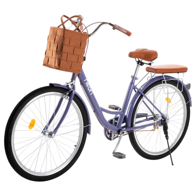 bicicleta neon urbana rodada 26 con canastilla color morado Lavanda, vista 3/4 frontal de cuadro paso bajo en acero (16.5 in) con rines doble pared rodada 26; canastilla textil frontal marrón, parrilla trasera con cojín marrón, asiento y empuñaduras a juego, timbre en manubrio y pata de apoyo desplegada. Dimensiones 173x56x103 cm, peso 17 kg, capacidad 100 kg, 1 velocidad, plato 32 dientes; ideal para movilidad urbana y compras cortas.