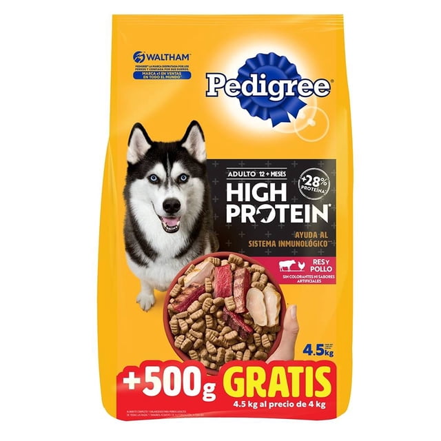 alimento seco para perro pedigree adulto high protein 4.5 kg paquete frontal amarillo con logo Pedigree, etiqueta negra 'High Protein' y texto 'Adulto 12+ meses', plato con croquetas y trozos de res y pollo, sello WALTHAM, rótulo '+500 g gratis' y peso 4.5 kg; formulado para nutrición diaria y apoyo al sistema inmunológico según especificaciones.