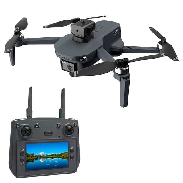 drone vak w7 gps wifi control con pantalla cámara, vista 3/4 frontal de dron gris oscuro con cuatro hélices y cámara inferior, control remoto con pantalla integrada que muestra un paisaje; especificado con conectividad 5G, Wi‑Fi y GPS satelital, doble cámara 4K, vuelo automático 360° y sensores láser según especificaciones; suele usarse para grabar panorámicas en viajes y eventos.