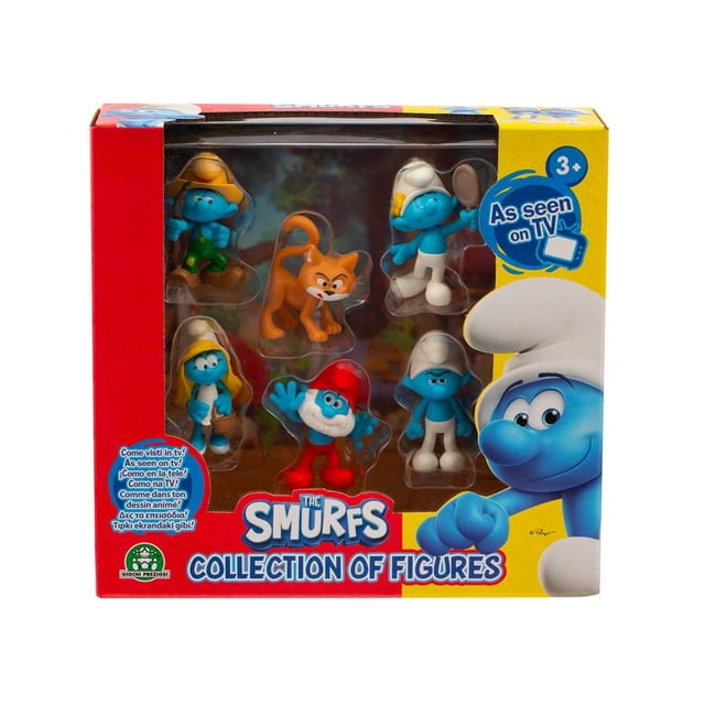 pitufos multipack 6 figuras azrael Multipack con 6 figuras de acción multicolor, vista frontal centrada en empaque con ventana que muestra seis figuras de Los Pitufos y el gato villano Azrael con detalles de pintura; caja con logo "Collection of Figures" y marca Pitufos, indicador 3+. También suele usarse para exhibición de colección en estantería.