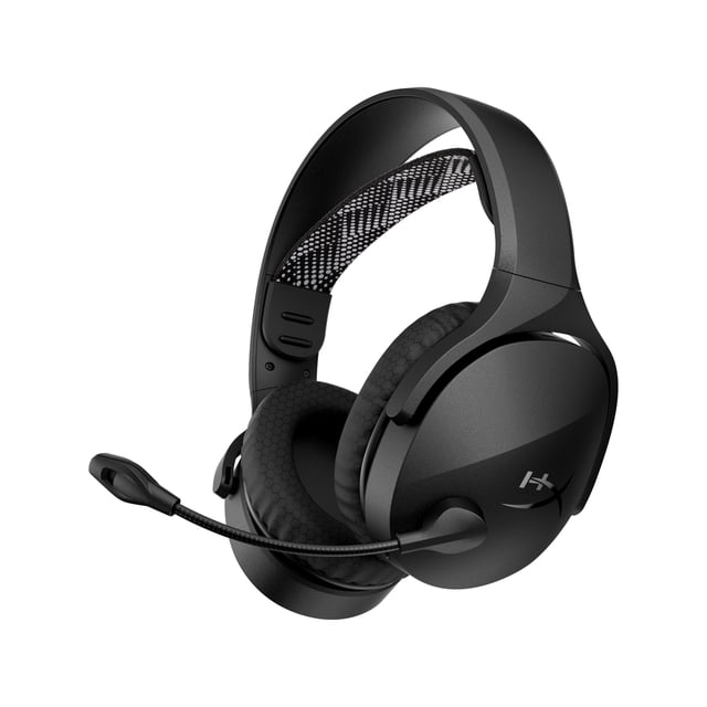 audífonos para juego hyperx cloud jet inalámbricos duales bluetooth Auriculares on-ear negros HyperX Cloud Jet, vista 3/4 con diadema suspendida elástica, almohadillas de malla transpirables, copas cerradas con logo, micrófono giratorio con mute y controles integrados; conmutan entre 2.4 GHz y Bluetooth 5.3 para PC, PS5 y móvil, hasta 25 horas; también aptos para llamadas en movimiento.