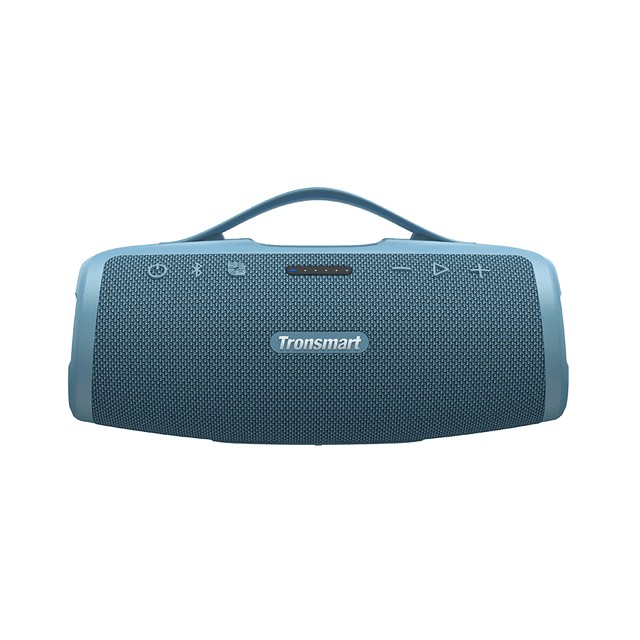 bocina bluetooth tronsmart mirtune s100 azul portátil para exteriores, vista frontal centrada con mango retráctil arriba, rejilla texturizada y logo Tronsmart al centro; botones táctiles de encendido, volumen y reproducción visibles; 50W de potencia, hasta 20 horas de reproducción y resistencia al agua IPX7 según especificaciones, ideal para eventos al aire libre.