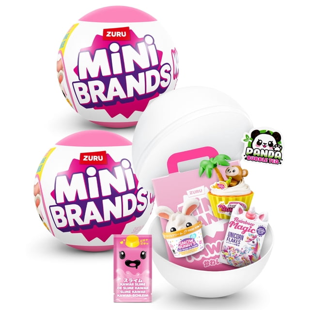 paquete de 2 cápsulas kawaii zuru coleccionables de mini brands dos cápsulas blancas y rosa con logo Mini Brands; una cápsula abierta muestra mini coleccionables multicolor: conejito, envase perfumado estilo caja, cupcake con slime esponjoso y accesorios temáticos, todo en embalaje ciego ideal para coleccionar y sorprender.