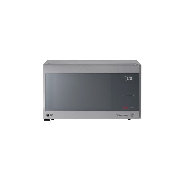 horno de microondas lg smart inverter neochef de 42 litros (1.5 cu ft) con easyclean ms1596cir, vista frontal centrada de gabinete rectangular negro con puerta de vidrio oscuro, panel derecho con pantalla LED y controles táctiles y logos Smart Inverter y EasyClean visibles; acabado mate en acero, diseñado para calentamiento y descongelación uniformes; también suele usarse para recalentar porciones individuales.