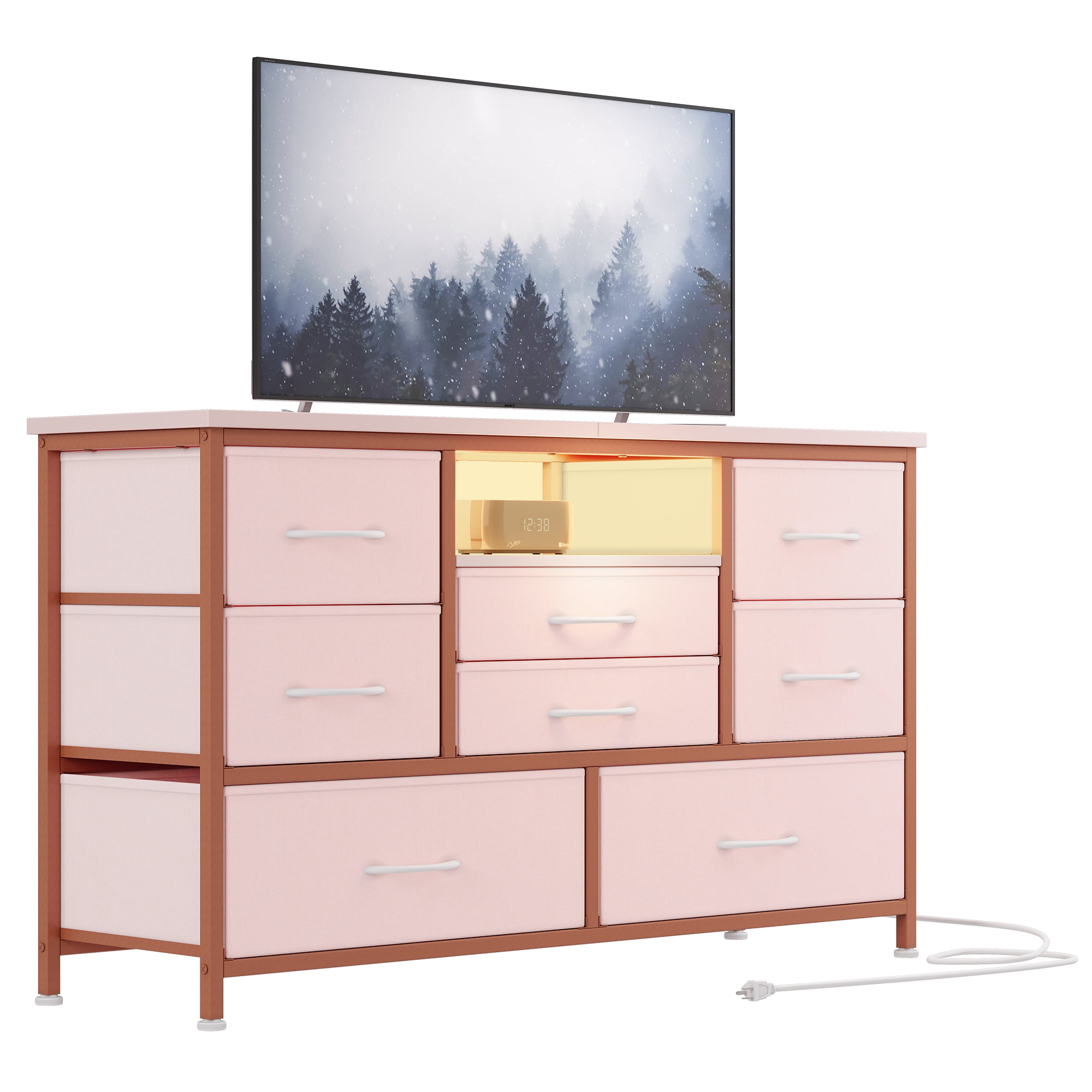Centro de entretenimiento mueble TV 8 cajones, color rosa, superficie de madera para TV hasta 55 pulgadas, con enchufe y luces LED, consola ancha de almacenamiento, ideal para dormitorio, salón
