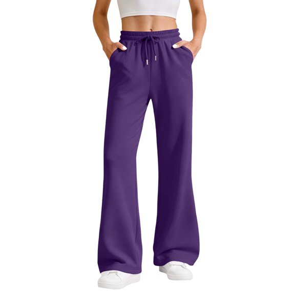 Amzcrzy Pantalones de Sudadera para Mujer de Pierna Ancha Suaves - Pantalones Casuales de Cintura Alta con Cordón Elástico, Color Sólido Clásico, con Bolsillos y Corte Acampanado, Tallas S-2XL Morado