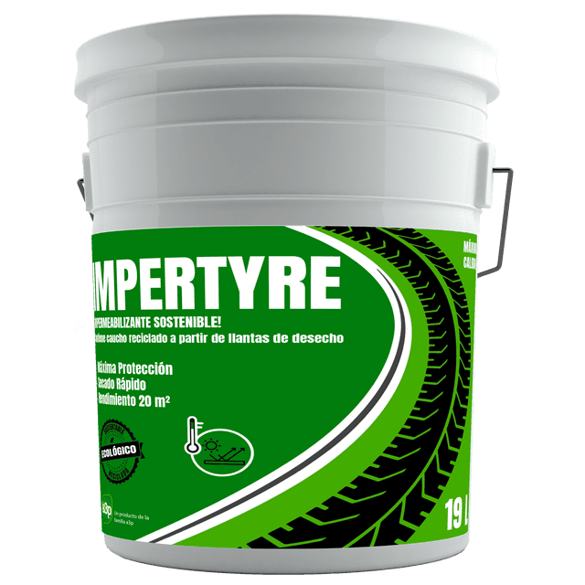 impermeabilizante a3p cubeta de 19 litros, cubeta blanca frontal con etiqueta verde y texto 'IMPERTYRE' y huella de llanta negra; indica 19 L y pictogramas de aplicación. Producto para impermeabilizar techos y muros; según ficha no requiere sellador y está elaborado con caucho reciclado, reduce calor y ruido; suele usarse también para reparaciones rápidas en azoteas.