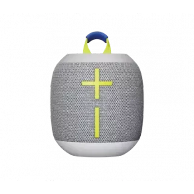bocina bluetooth logitech ultimate ears wonderboom 4 resistente al agua ip67 hasta 14 hr de bateria gris, vista frontal centrada de altavoz portátil cilíndrico con malla textil gris, botones de volumen en cruz amarillo, base blanca y asa superior bicolor; conector USB-C visible y potencia RMS 10W, adecuada para audio inalámbrico y uso exterior.