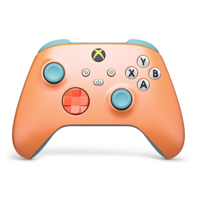 control inalámbrico xbox one series microsoft x/s sunkissed vibes opi en color anaranjado: vista frontal centrada de control Xbox con carcasa superior melón mate y nacarado, joysticks y botones superiores azul pastel estilo Surf Naked, d-pad anaranjado texturizado, botones A/B/X/Y blancos con letras negras, botón Xbox con logo y gatillos con brillo veraniego; compatible con Xbox Wireless y Bluetooth, entrada de audio 3.5 mm y botón Compartir; suele usarse para personalizar la asignación de botones con la app Accesorios de Xbox.