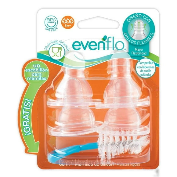Mamila Evenflo Estándar Flujo Rápido 4 Pzas + 1 Escobillón