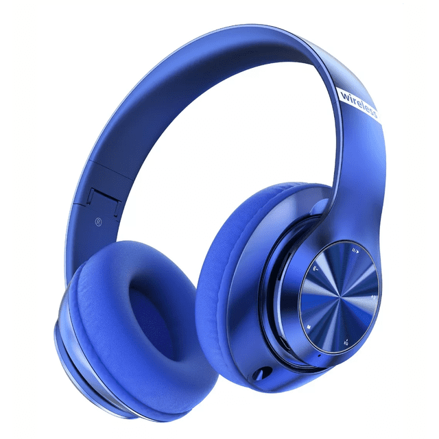 audífonos de diadema inalámbricos bluetooth azul Labg, vista 3/4 frontal con copas acolchadas y diadema ajustable, control circular metálico en la orejera derecha con botones visibles y puerto 3.5 mm, acabado mate y brillante; también adecuados para uso con cable durante viajes.