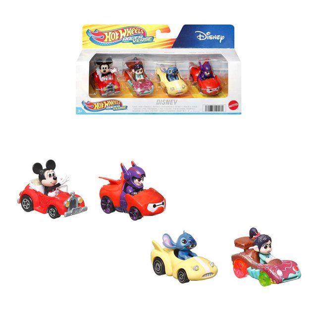 vehículo de juguete hot wheels racerverse paquete de 4 de personajes de disney con hero pack de cuatro vehículos metálicos Hot Wheels RacerVerse con figuras fijas de Mickey Mouse, Baymax, Stitch y Vanellope en asientos de conductor; vista frontal en empaque transparente y fuera de caja, decoración temática Disney y ruedas negras optimizadas para pistas Hot Wheels; también adecuados para exhibir en colecciones pequeñas.
