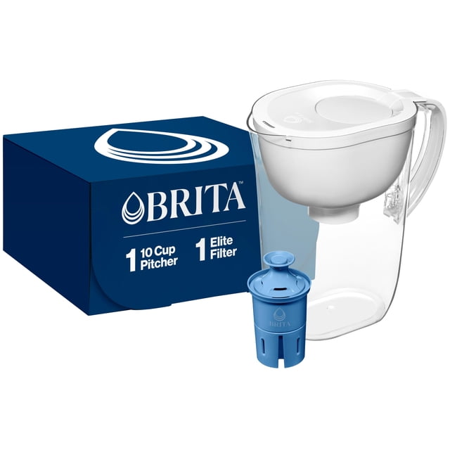 jarra de agua brita everyday elite con capacidad para 10 tazas, color blanco, jarra transparente con depósito superior blanco, tapa fácil de llenar y asa integrada; incluye 1 filtro Elite azul y caja azul de Brita; apta para refrigerador, mide 10.7 pulgadas de alto; adecuada para rellenar botellas reutilizables.