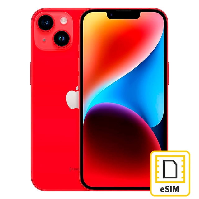 apple iphone 14 128gb rojo esim reacondicionado Reacondicionado, vista frontal y trasera de un iPhone 14 rojo con pantalla OLED de 6.1 pulgadas sin marco mostrando papel tapiz degradado, muesca superior centrada, módulo trasero con dos lentes gran angular de 12 MP en diagonal y logo Apple en la carcasa; desbloqueado con eSIM y chip A15 Bionic; a menudo usado como teléfono principal o como dispositivo de respaldo por su tamaño compacto.