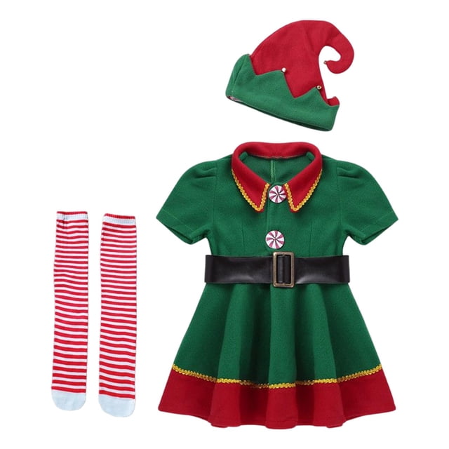 conjunto de disfraz navideño sunnimix para mujeres 90cm vestido de duende verde y rojo; vista frontal centrada de vestido corto de manga corta con falda acampanada, cuello rojo con adorno tipo caramelo, cinturón ancho negro con hebilla, gorro de duende curvado, medias largas a rayas rojas y blancas y cubrezapatos a juego; ideal para disfraces de Halloween, cosplay navideño y frecuentemente usado en actuaciones festivas.