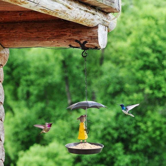Comedero para pájaros de exterior CLLC, nuevo, con cadena metálica colgante, diseño de niña y paraguas, soporte para colgar, ideal para decorar jardines y patios.