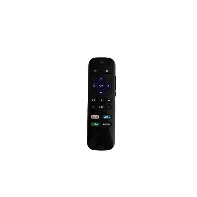 control compatible con pantallas philips roku tv genérica control remoto para pantallas philips negro, vista frontal centrada con pad direccional morado y botón OK, botones de volumen y canal, botones directos para Netflix, Vudu, Hulu y Pluto TV; botón de encendido rojo arriba, acabado plástico brillante y diseño ergonómico, usa 2 pilas AAA; enlaza directamente a modelos Philips descritos en la publicación y no funciona con otras marcas.