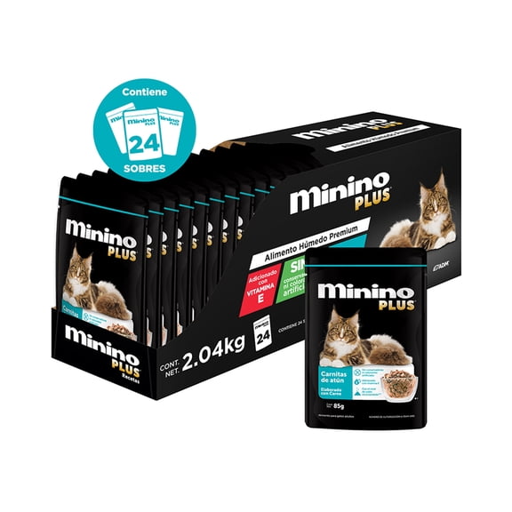 Alimento para gato Minino Plus atun 24 pzas