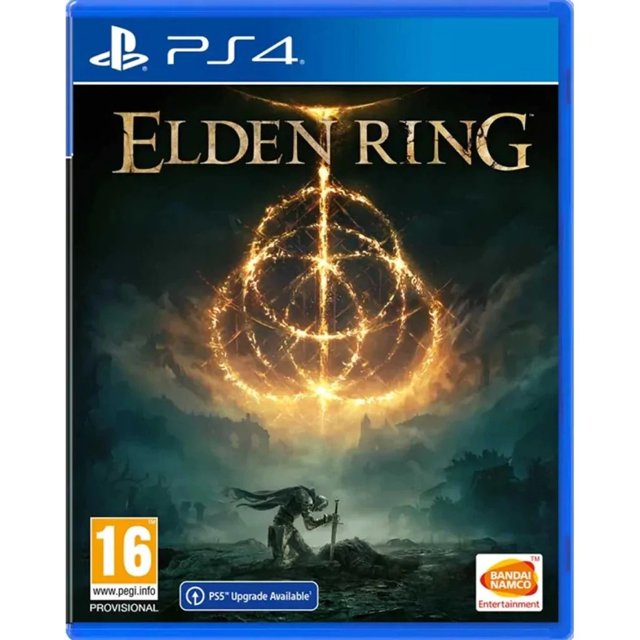 elden ring eu version para playstation 4 bandai namco ps4 Carátula frontal del juego PS4 con el título ELDEN RING en dorado, gran símbolo circular luminoso y fragmentado sobre un cielo tormentoso, guerrero encapuchado con espada en primer plano y logotipos de clasificación y Bandai Namco visibles.
