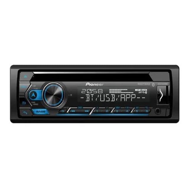 autoestereo cd pioneer bluetooth smart sync deh-s4250bt frontal centrado de autoestéreo Pioneer color negro con pantalla LCD que muestra 'BT/USB/APP', botón giratorio izquierdo con aro LED azul, botones táctiles inferiores, ranura para CD y puerto USB frontal; logo Pioneer visible.