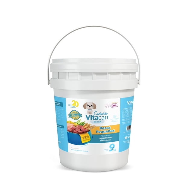 alimento para perro vitacan extra cachorro razas pequeñas 9kg balde frontal con asa, etiqueta azul y blanca con logo Vitacan y texto 'Cachorro Extra - Razas Pequeñas', imagen de croquetas y carne; proteína mínima 28% y grasa mínima 14%, fórmula con antioxidantes e inmunoestimulantes y más de 20 vitaminas y minerales.