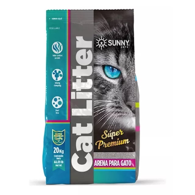 arena gatos importada aroma lavanda 20kg aglutinante sunny sunny sp-3739la Bolsa de 20 kg (44.09 lb) de arena para gato Sunny, vista frontal con logo Sunny y texto vertical 'Cat Litter'; panel derecho muestra un gato gris de ojo azul y 'Súper Premium', panel izquierdo turquesa con íconos de control de aroma 24 hrs, súper aglutinante y 99% libre de polvo, franja inferior morada con 'Arena para Gato'.