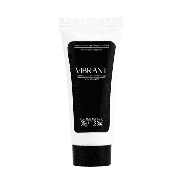 crema desmaquillante facial aclarante laguede natural tubo frontal blanco con etiqueta negra y marca VIBRANT, 35 g; vista centrada del envase de plástico con tapa de rosca, elimina maquillaje e impurezas dejando la piel hidratada y con propiedades aclarantes según especificación; también suele usarse como limpiador rápido para retirar restos de protector solar antes de la rutina facial.