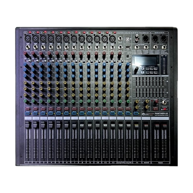 mezcladora activa lim by soundtrack panther 16 canales 16, efectos 99, dsp interfaz pc mesa mezcladora activa LIM AUDIO Panther 16, vista frontal con 16 canales y faders verticales, perillas de ganancia y ecualización codificadas por color, entradas XLR/combo arriba, sección derecha con pantalla y controles DSP, salidas speakON y salidas con corte para subwoofer según especificaciones; adecuada para grabación directa a USB.