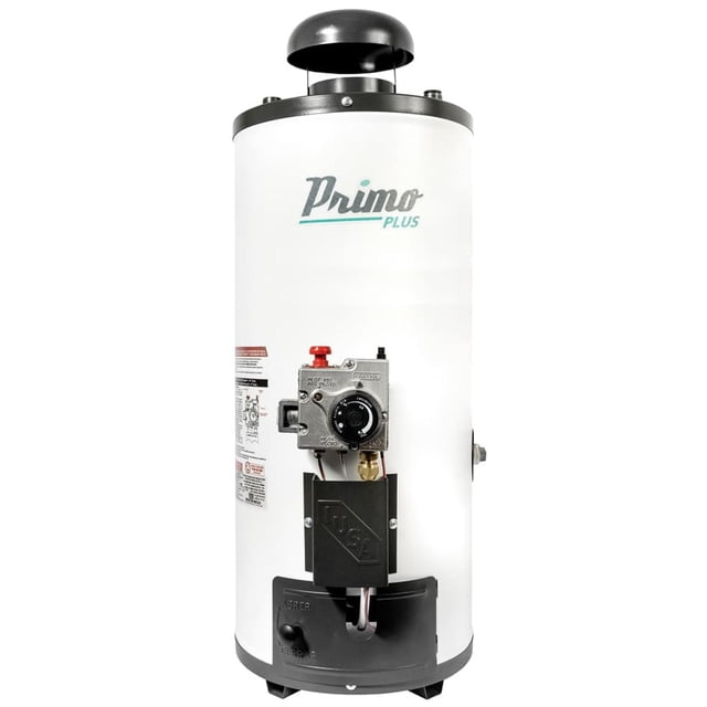 calentador de rápida recuperación primo plus, iusa, piezoeléctrico, 8 l., gas lp. blanco vista frontal cilíndrica del calentador blanco Primo Plus 8 L con logotipo verde en el panel, encendido piezoeléctrico y perilla metálica visibles en el frente, válvula y caja de conexiones negras, salida de ventilación superior y base en negro. Adecuado para suministrar agua caliente instantánea a 1 1/2 servicios; a menudo usado en cocinas o baños pequeños.