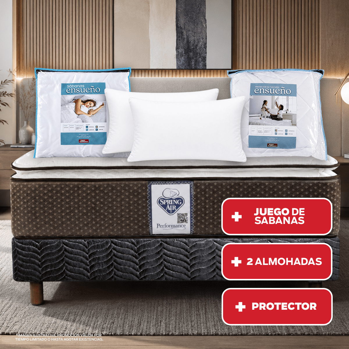 Colchón + Box Spring Air Individual Super Value + 2 Almohadas de Regalo + Protector Ensueño + Juego de Sabanas Ensueño