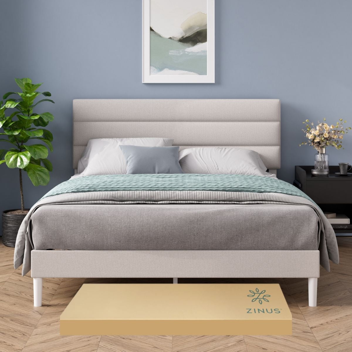 Base de Cama con Cabecera King Size Zinus Piper Tapizada Color Beige. Fácil Armado.