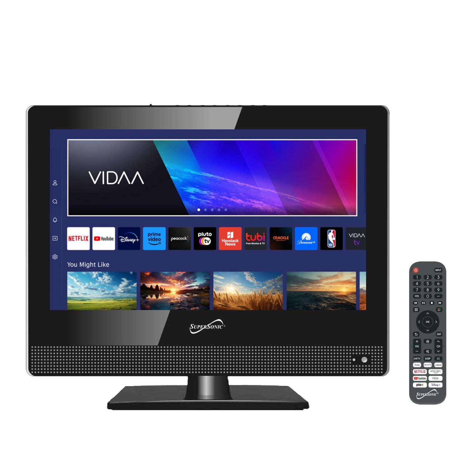 Supersonic SC-1520VTV TV LED inteligente AC/DC de 15,6 pulgadas alimentado por VIDAA 1080p WiFi Altavoces incorporados USB 3X HDMI ARC para cocina RV Barco Camión Sala de juegos Dormitorio Control rem