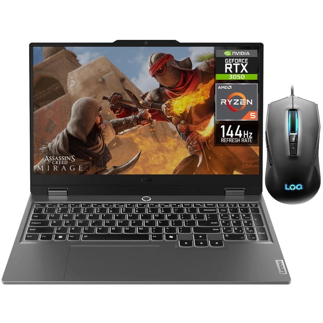 laptop gamer lenovo loq nvidia geforce rtx 3050amd ryzen 5 7235hs 16gb ddr5 512gb ssd 15.6" full hd 144hz w11 teclado español mouse gaming estable — Vista frontal 3/4 con pantalla abierta y mouse a la derecha. Portátil gris con pantalla 15.6" FHD mostrando un juego, biseles delgados y cámara superior. Teclado tamaño completo con retroiluminación blanca y teclado numérico, touchpad centrado y logo Lenovo en reposamuñecas. Etiquetas en pantalla indican RTX 3050, Ryzen 5 y 144 Hz. Incluye mouse gaming con luz LED y cable. Adecuada para gaming en 1080p y multitarea con 16GB DDR5 y SSD 512GB; apta también para creación de contenido y trabajo multimedia ligero.