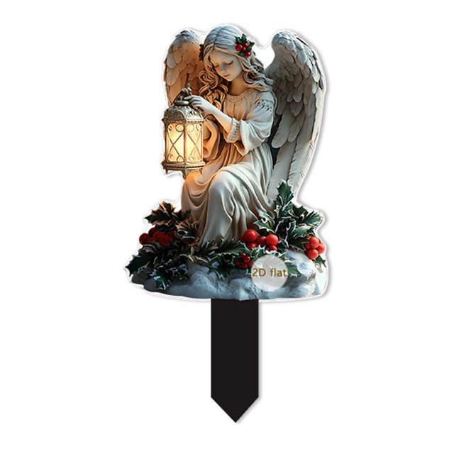 luces de jardín, estacas para exteriores, adornos navideños, estacas acrílicas 2d, decoración festiva para jardín, patio y exteriores, iluminación navideña, adornos navideños, estacas — Estaca acrílica 2D con figura de ángel arrodillado sosteniendo un farol iluminado; base en pico para insertar en tierra, diseño impreso de hojas y bayas rojas, acabado brillante resistente a la intemperie, ideal para decorar jardín, patio o senderos en temporada navideña; a menudo usada para marcar pasillos en fiestas al aire libre.