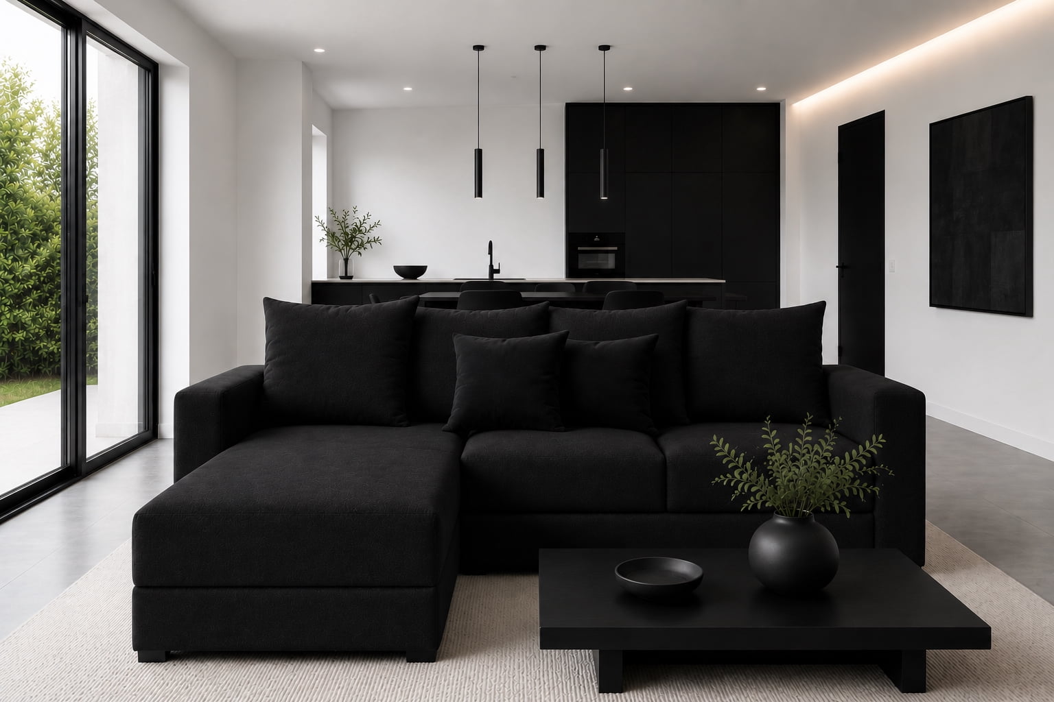 Sala Esquinera Modular El Bazar Store Lombar Negro 220 x 160 cm, Tela Lino nacional