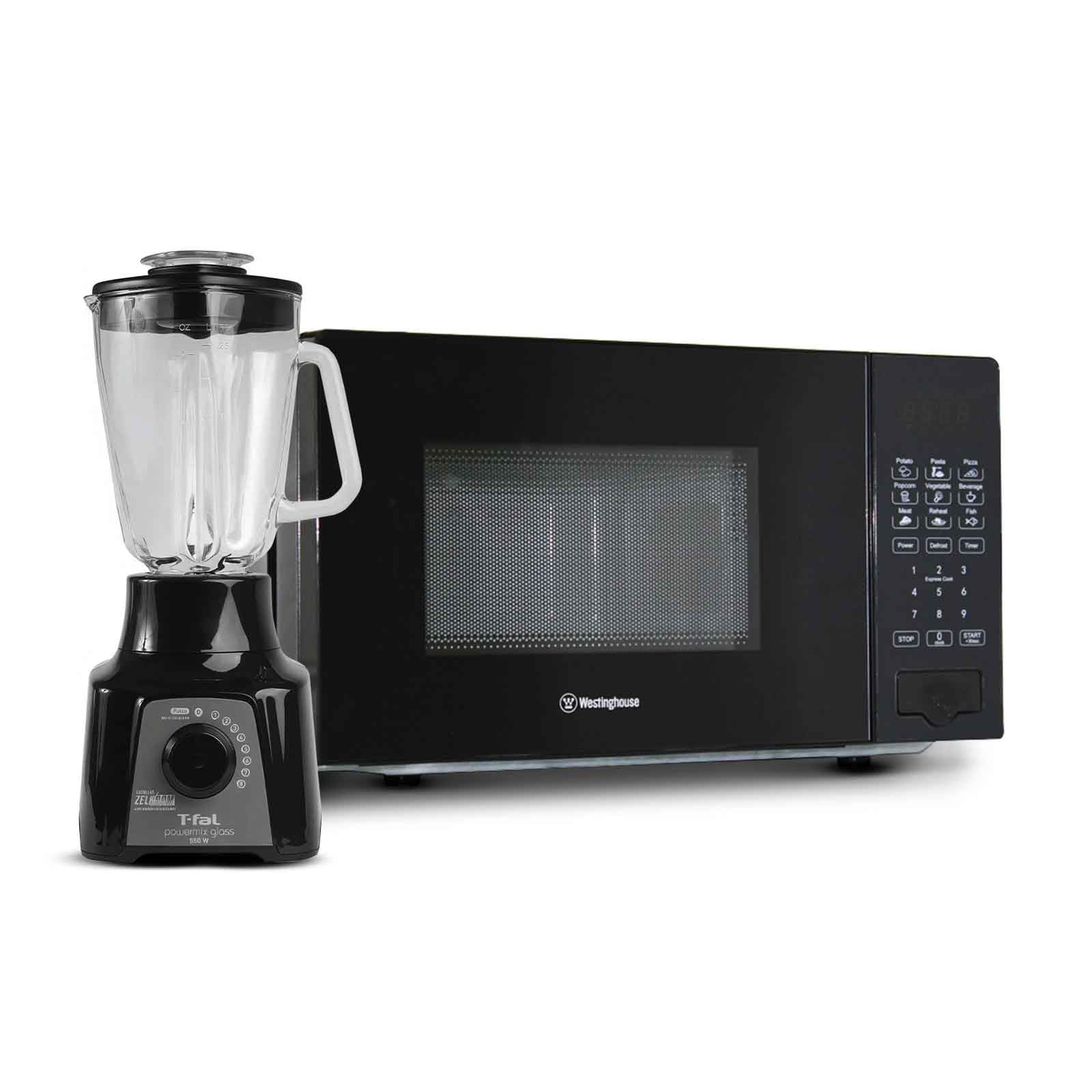 Combo  Horno de Microondas Westinghouse 0.7 Pies Cúbicos Negro WKMWW2008 + Licuadora T-fal Powermix Glass Vaso de Vidrio 1.25 Litros Negra LN2898X0