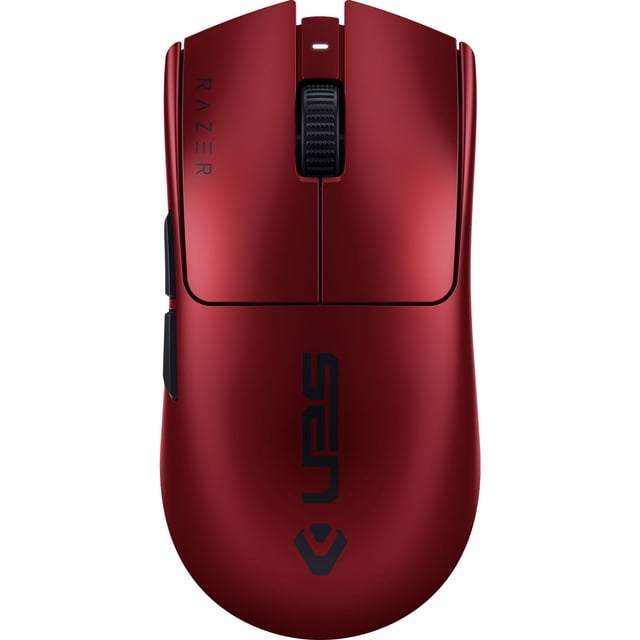 ratón para juegos razer viper v3 pro inalámbrico con batería de 95 h y 54 g Sentinels Edition, vista cenital frontal de ratón simétrico rojo burdeos con logo Sentinels en la carcasa, rueda de desplazamiento negra estriada, dos botones laterales y acabado mate liso; sensor óptico FOCUS PRO 35K Gen-2 y soporte de hiperpolado 8000 Hz, suele usarse también para trabajo de precisión en diseño gráfico.