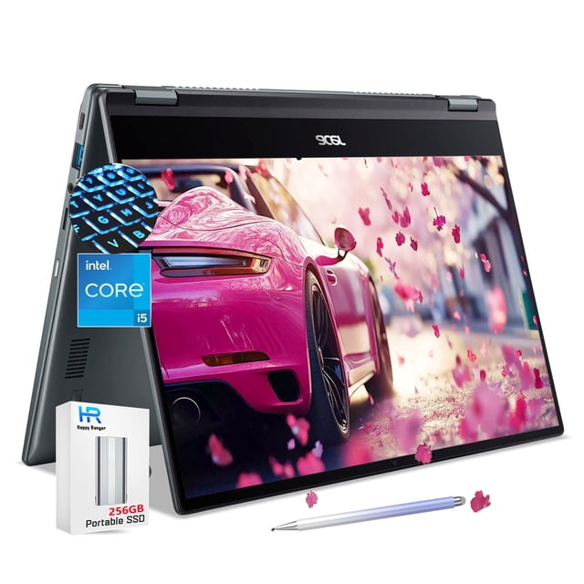 notebook acer chromebook spin 514 14" táctil i5 8 gb 512 gb convertible modo tablet, vista 3/4 frontal en posición tienda con pantalla táctil desplegada, carcasa gris metálico y bisagras giratorias visibles, pantalla 14" mostrando imagen colorida y etiqueta Intel Core i5; adecuado para productividad móvil y consumo multimedia.