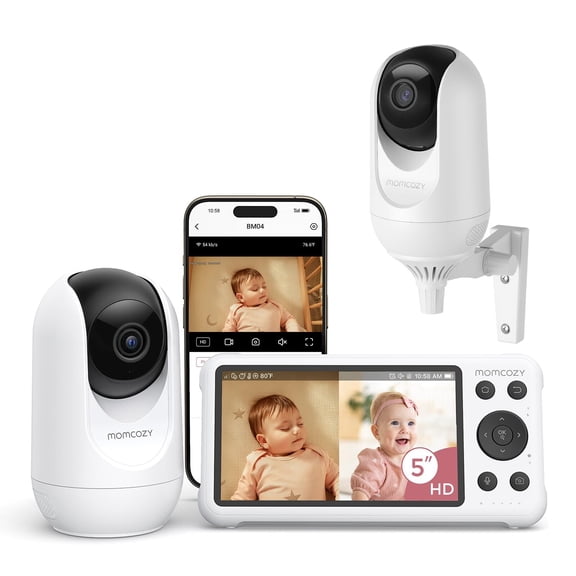Momcozy Monitor Inteligente para Bebé con 2 Cámaras - Pantalla Dividida de 5" 1080P, Visión Nocturna Clara, Audio Bidireccional, Batería de 5000mAh, Conexión WiFi, BM04