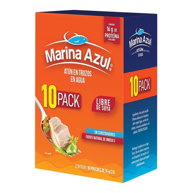 10 pack atún lomo marina azul 740g aleta amarilla original en agua — caja frontal en vista 3/4 con logo Marina Azul y texto "10 PACK", ilustración de trozos de atún en agua, sello "Libre de soya" y leyenda nutricional; empaque con 10 pouches de 74 g cada uno, atún en trozos listo para consumir.