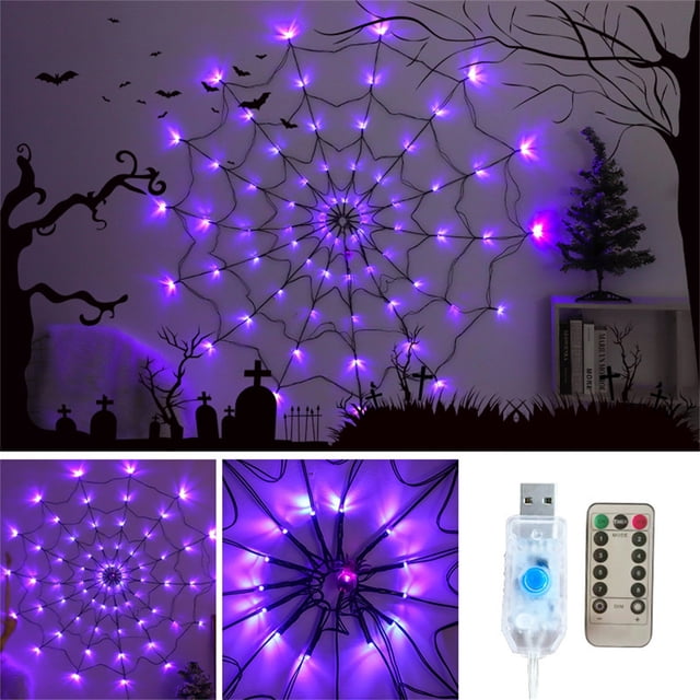xihbxyly luces led de telaraña de halloween blanco, vista frontal de telaraña circular iluminada en morado con hilos negros y LEDs en los nudos; se muestran control remoto y caja USB. Ambiente nocturno para patio, jardín o porche; suele utilizarse también para decorar mesas o escaparates en fiestas.