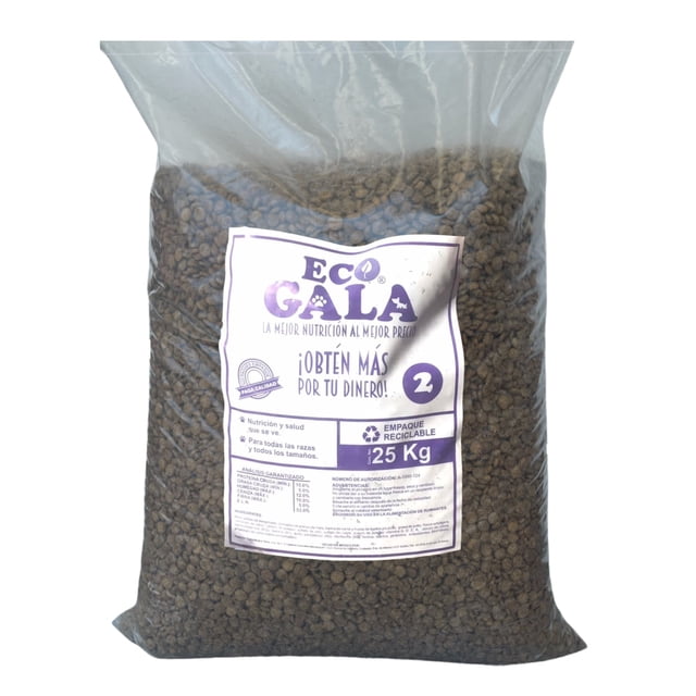 croquetas eco gala 2 para perro de 25 kg Alimento seco sabor a pollo en bolsa transparente con croquetas marrón oscuro y etiqueta blanca y morada que muestra el número 2 y peso 25 Kg; vista frontal centrada. También suele utilizarse esta presentación para rellenar comederos automáticos grandes.