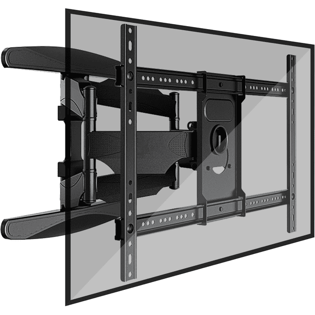 soporte de tv para pantallas de 40'' a 75'' north bayou brazo largo 50 cm nb-p65 Soporte de pared articulado negro, vista 3/4 con brazo doble que se extiende hasta 50 cm, compatible con VESA 200x200 a 600x400 mm, rieles perforados y placa central para montaje, admite TVs LED/LCD/Curva/OLED hasta 68 kg, inclinación -15° a +5°, estructura de acero con cubre cables. Suele usarse también para montar monitores grandes en oficinas o salas.